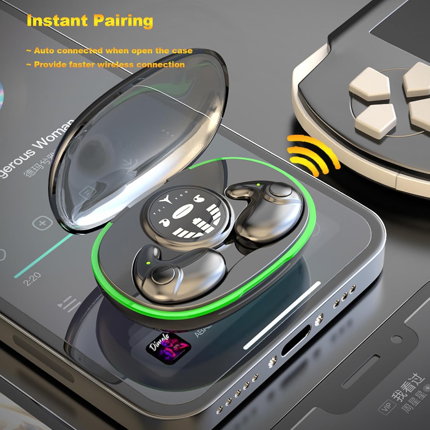 Earbuds in charging case showing instant pairing