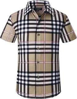 Alex Vando Boys Button Down Shirt Short Sleeve Plaid Stretch Dress Shirt | Wrinkle Free for School Uniforms, 4-Way Stretch Comfort, Great for Family Photos & Weekend Wear
