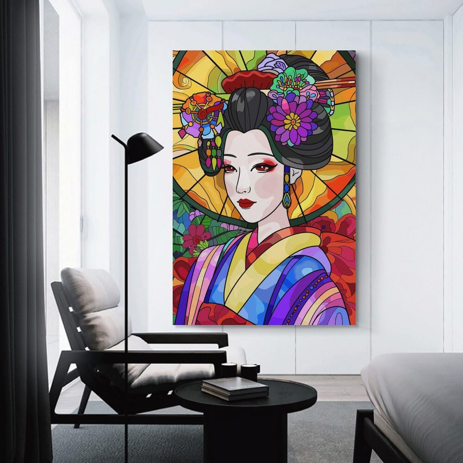 Junmoney Wall Picture Print Geisha in Stained Glass Style, 24x36inch(60x90cm), for Wall Displays, Bedrooms Or Room Updates, Wall Decor Suited to Curated Displays