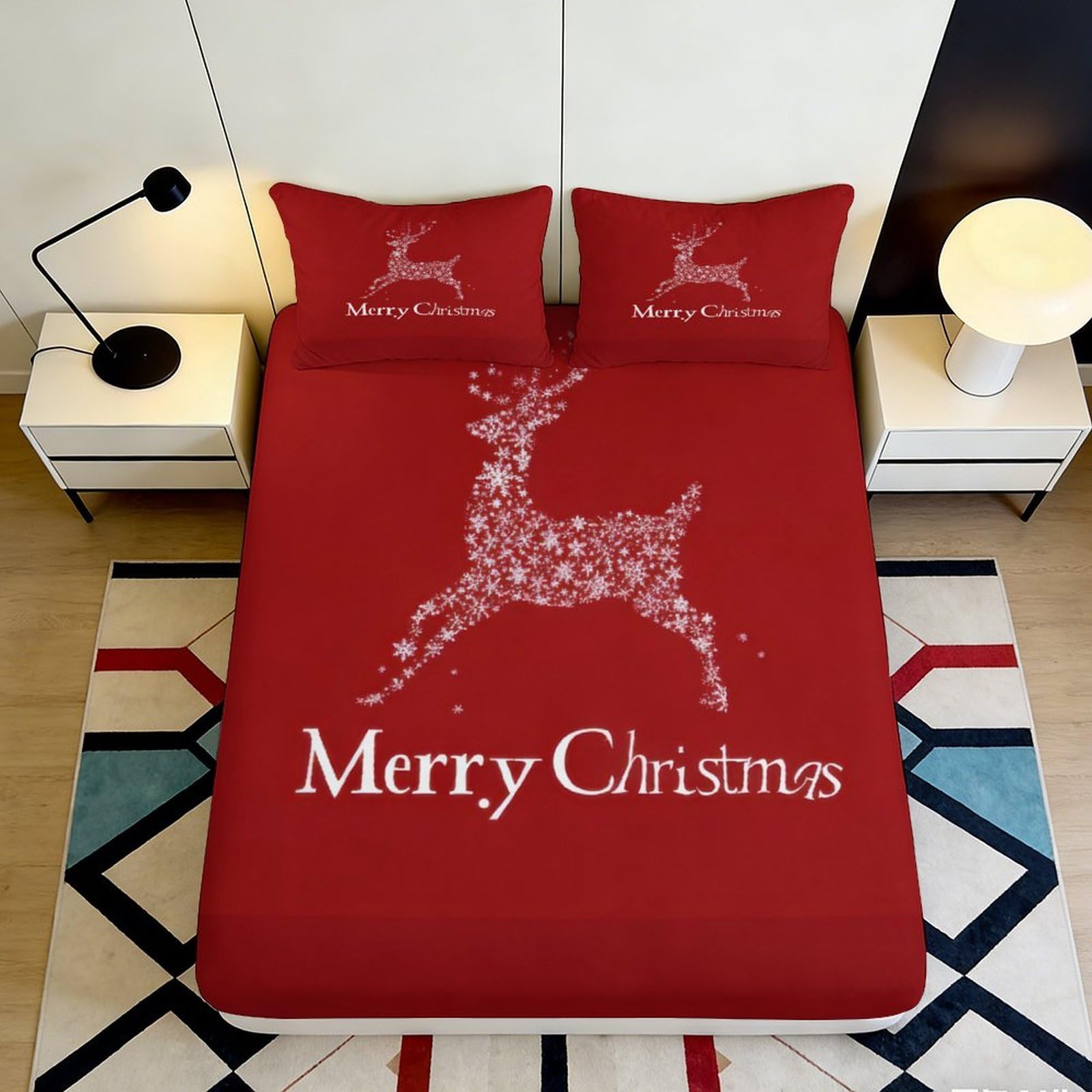 3D Printed Red Reindeer Fitted Sheet Microfiber Soft Christmas Decor Snowflake Mattress Cover for Bedroom Guest Room 90x200x25cm