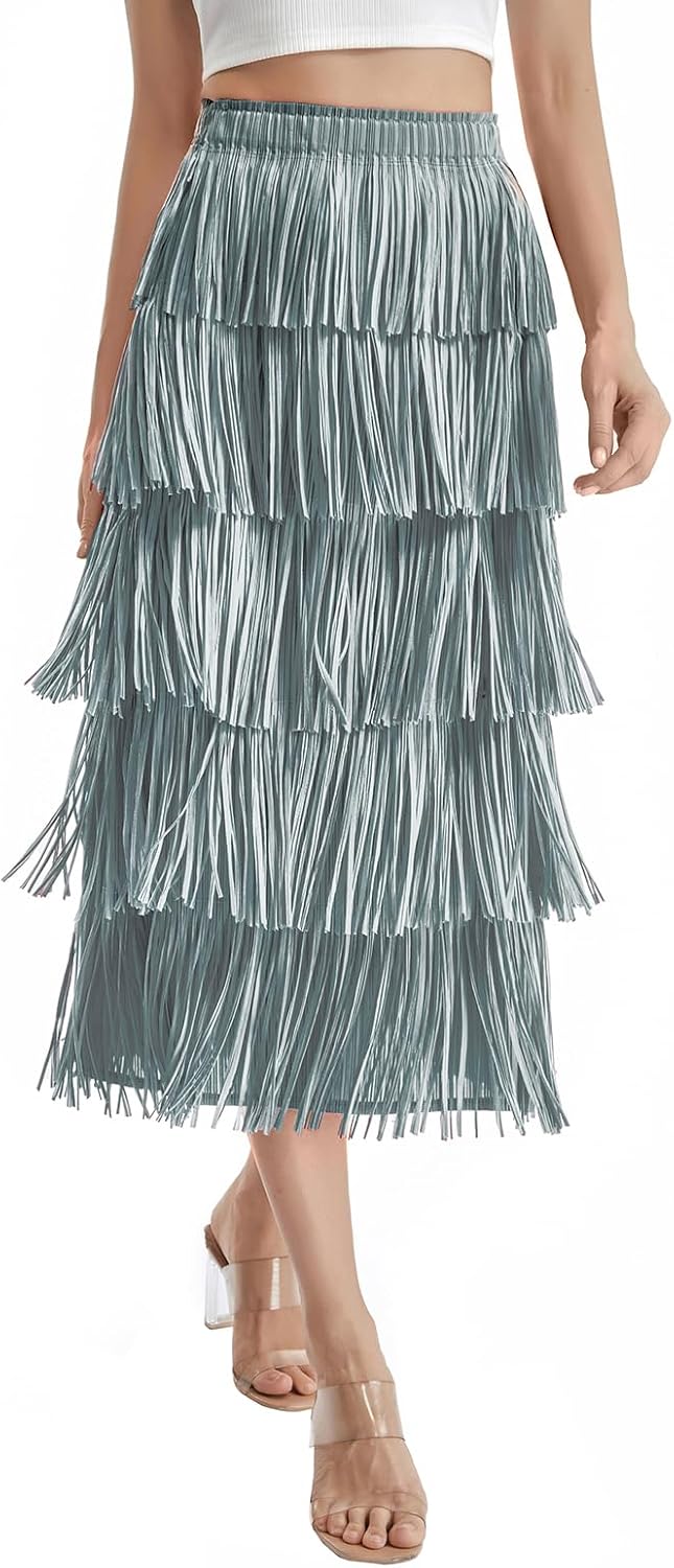 Women's Solid Color Tassel Midi Skirts Elegant High Waist Straight Skirts Summer Pencil Long Fringe Skirt