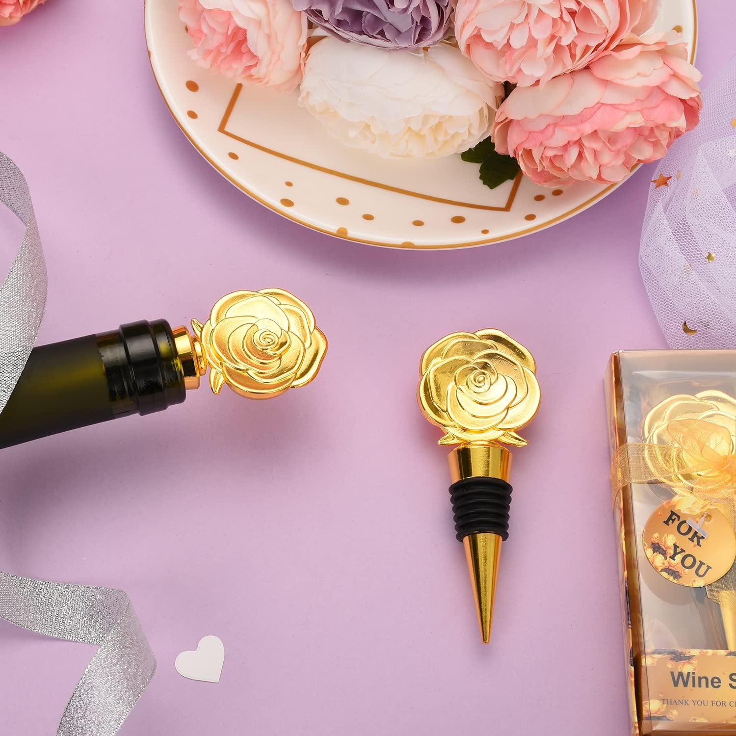 30PCS Golden Rose Flower Wine Stoppers for Wedding,Baby Shower,Bridal Shower or Birthday Party Favors Gifts Souvenirs Decorations Keepsakes for Guests (rose flower theme)