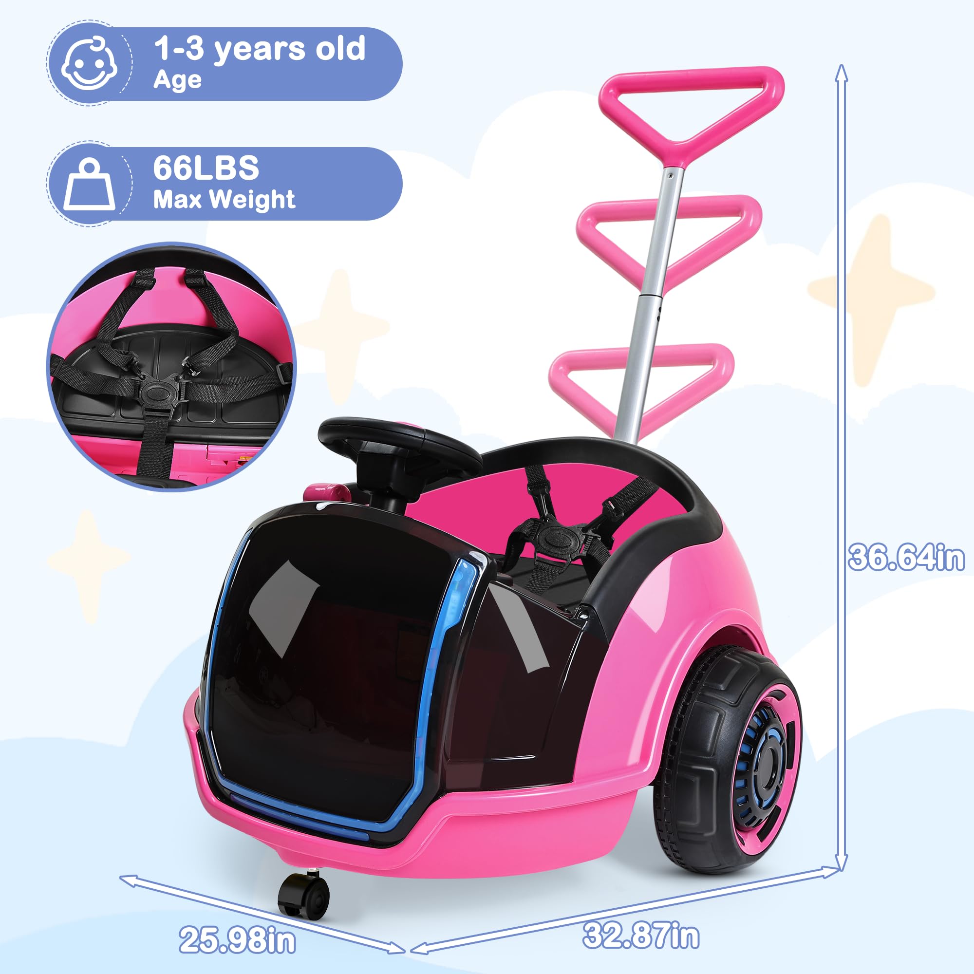 ANPABO 3-in-1 Electric Push Ride On Car, 12V Kids Ride On Toy w/Remote Control, 360° Spin, 5-Point Safety Belt, Colorful LED Light, Music Player, Push Car for Toddler Ages 1-3 (Pink) — view 6