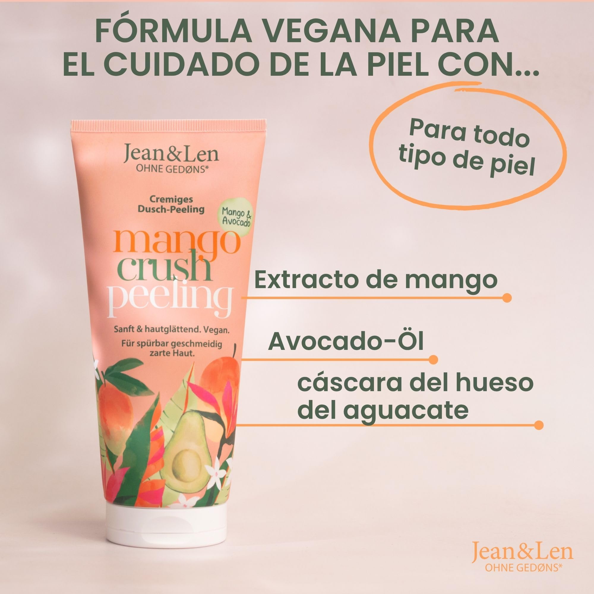 Jean & Len exfoliante de ducha mango y aguacate, con agentes exfoliantes naturales, limpieza suave, previene vellos encarnados, sin microplásticos ni siliconas, exfoliante corporal vegano, 200 ml