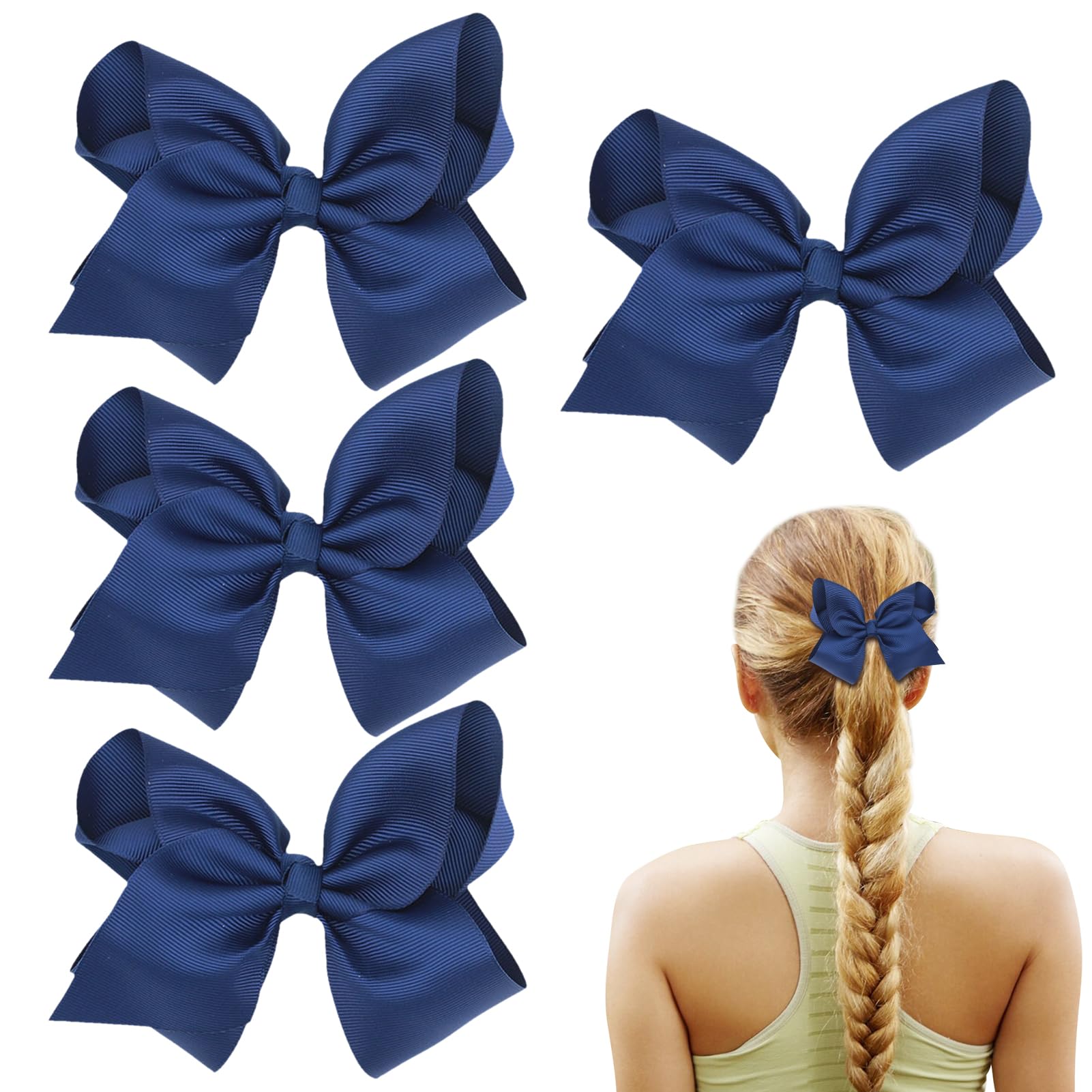 4 Pcs Navy Blue Hair Bows For Girls Women Blue Bow Hair Clip French Solid Color Bowknot Soft Satin Silky Hairpin Bows Simple Hair Fastener Accessories Ponytail Holders for Toddler Teens Girls