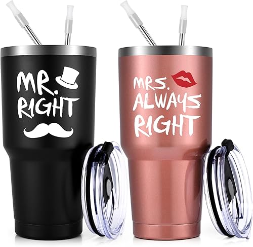 Qtencas Mr. Right Mrs. Always Right - Juego de vasos de viaje, regalos de compromiso de boda para marido, esposa, recién casados, parejas, novia,
