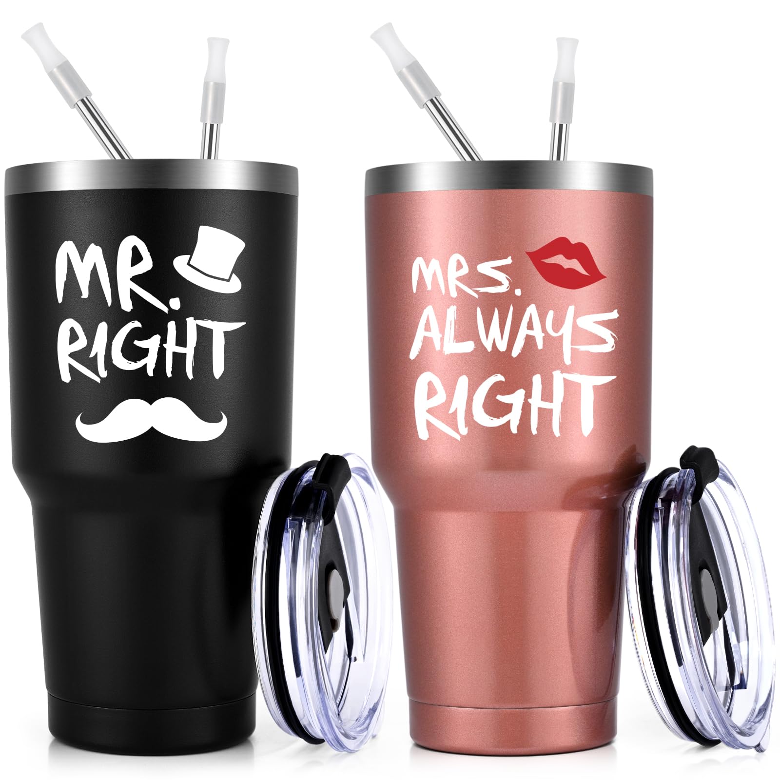 Qtencas Mr. Right Mrs. Always Right Reisebecher-Set, Hochzeit, Verlobung, Geschenke für Ehemann, Ehefrau, frisch verheiratete Paare, Brautjubiläum, 850 ml Edelstahlbecher, Schwarz und Roségold