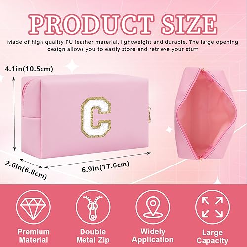 Miniatura 2 de Bolsa de maquillaje personalizada con parche de letra inicial, bolsa de cosméticos con cremallera, RosaBlanco-Letra