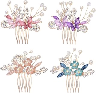 inSowni 4 Pack Gold Metal Glitter Rhinestones Pearls Decorative Butterfly Flower Wedding Bridal Hair Side Combs Slides Headpieces Hair Bun Chignon Updo Accessories for Women Girls Brides Bridesmaids