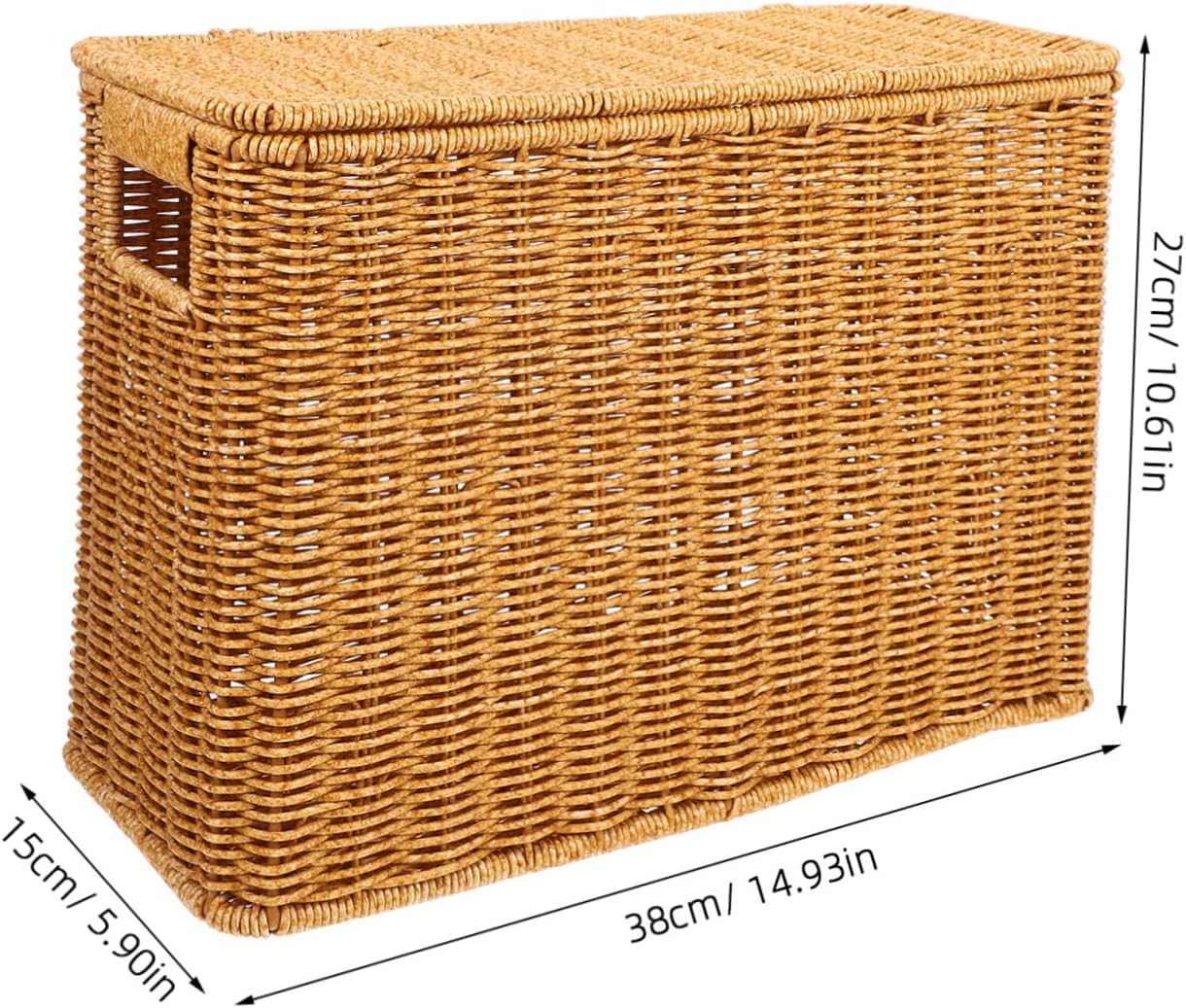 VOSAREA Woven Sundries Storage Basket with Lid Portable Narrow Organizer for Magazines Stylish Decorative Weave Container with Handles for Home and Outdoor Use