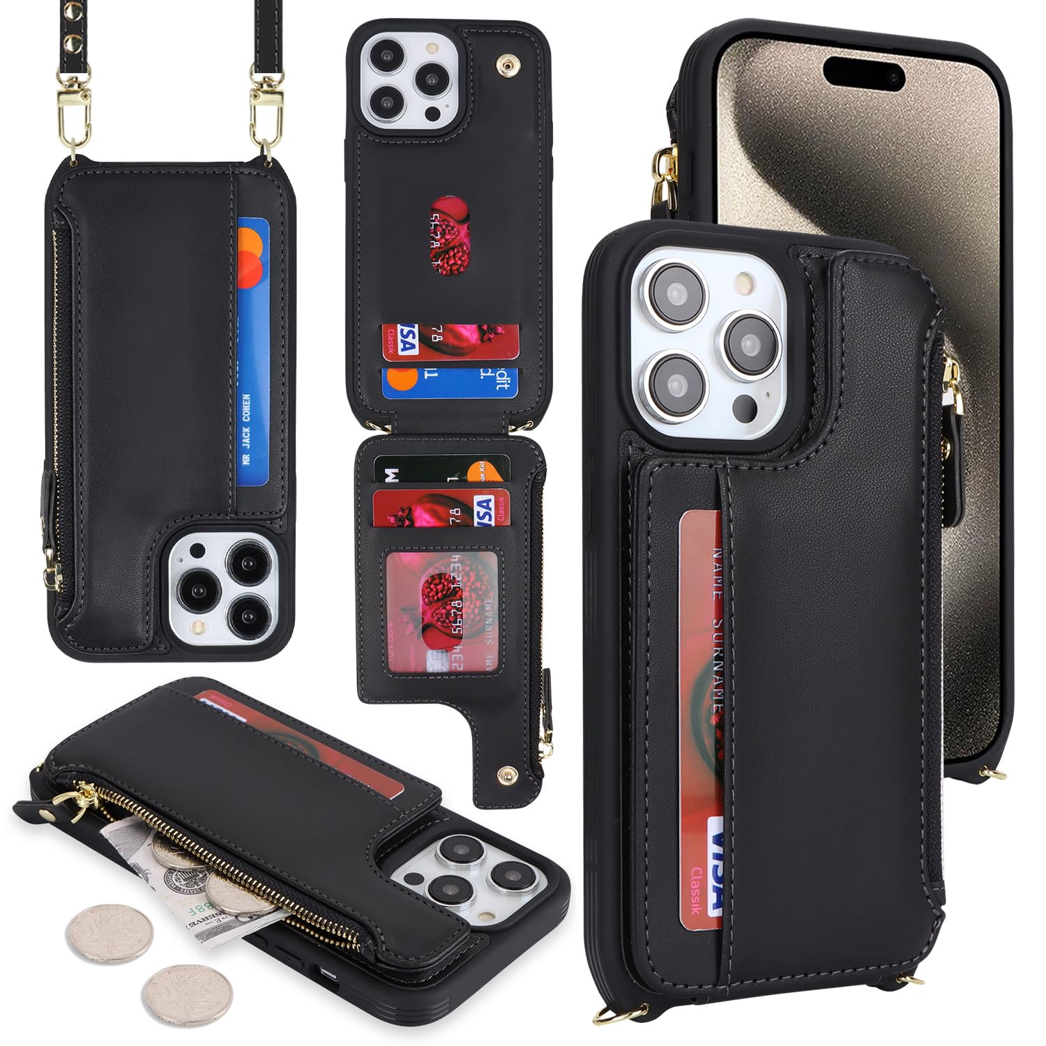 Cavor for iPhone 15 Pro Max Case with Card Holder,iPhone 15 Pro Max Wallet Case for Women,Phone Case iPhone 15 Pro Max Case with Strap,Crossbody Lanyard and Wristlet,Leather Zipper Pocket Case-Black