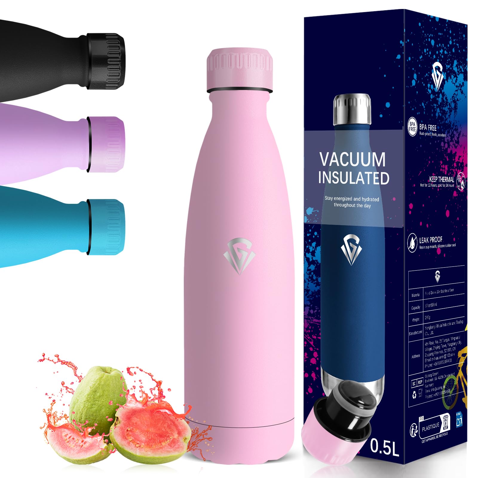 Mujigaga 500ml Thermal Water Bottle, Leakless, Vacuum Insulated, BPA Free, Reusable Stainless Steel Water Bottles for School, Bicycle, Cycling