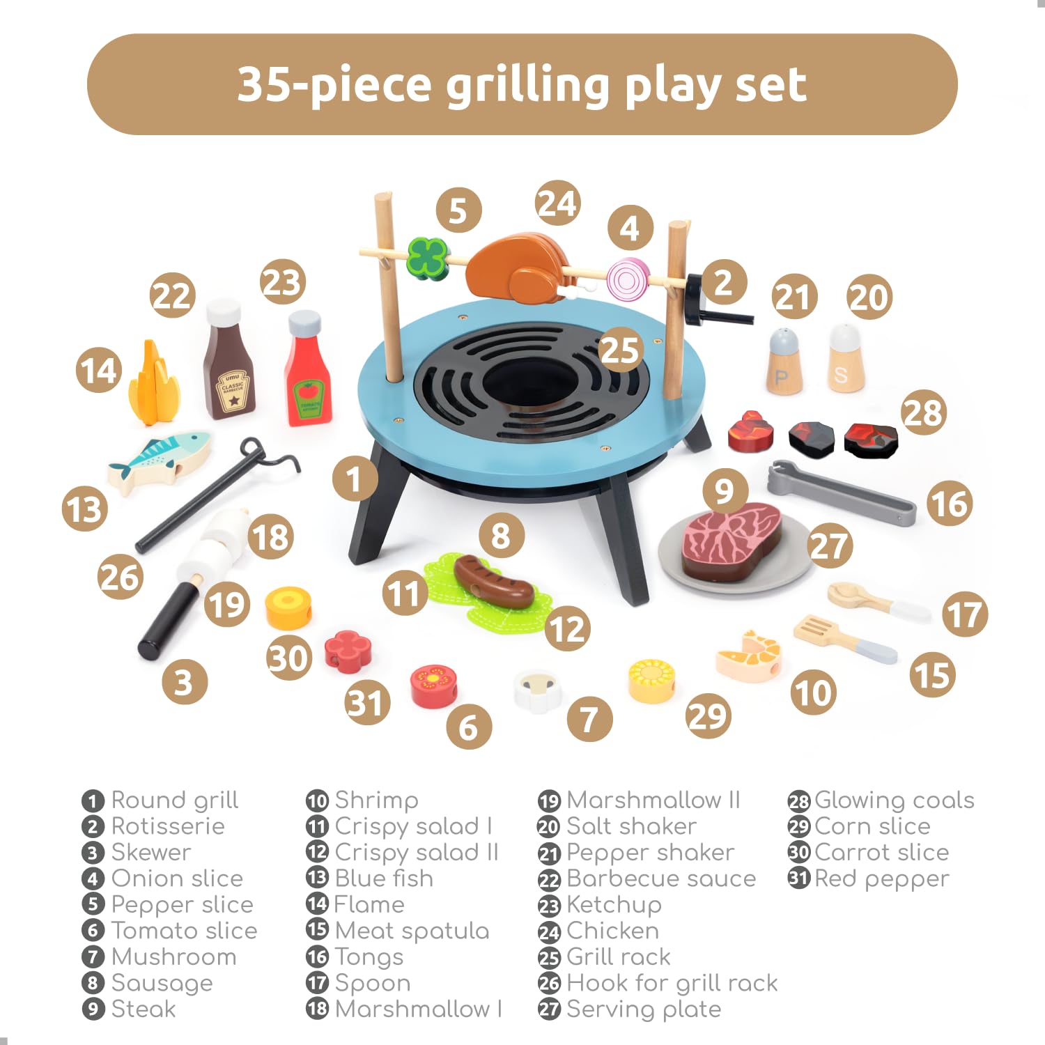 UMU® Drewniany zestaw do grillowania BBQ – 45-częściowy zestaw do zabawy z mięsem, warzywami, rybami, ptasie mleczkiem i akcesoriami – zabawka kuchenna od 3 lat