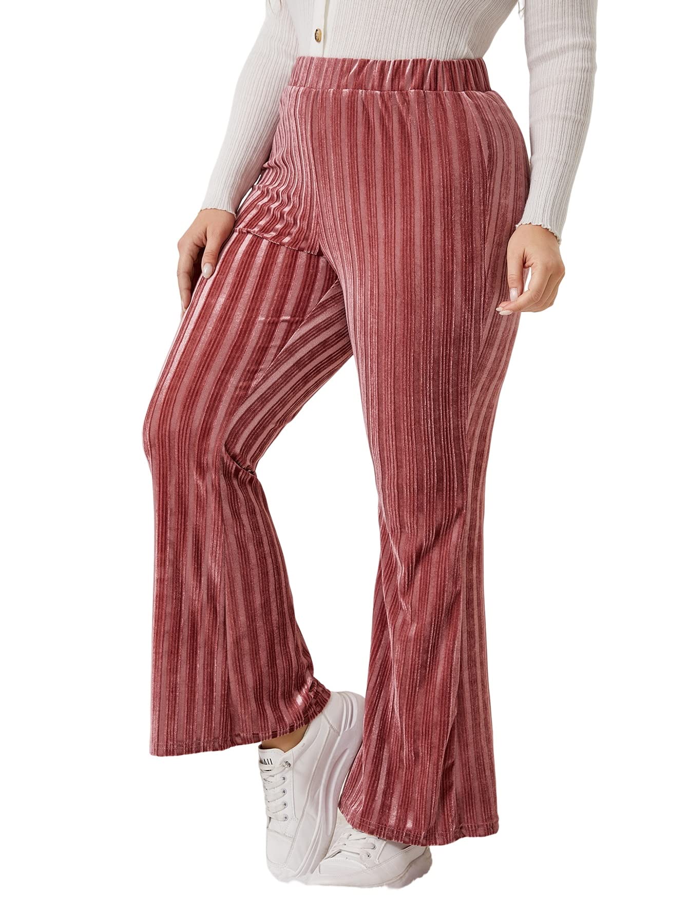 WDIRARA Womens Plus Size Flare Leg Ribbed Knit Elastic High Waisted Casual Pants