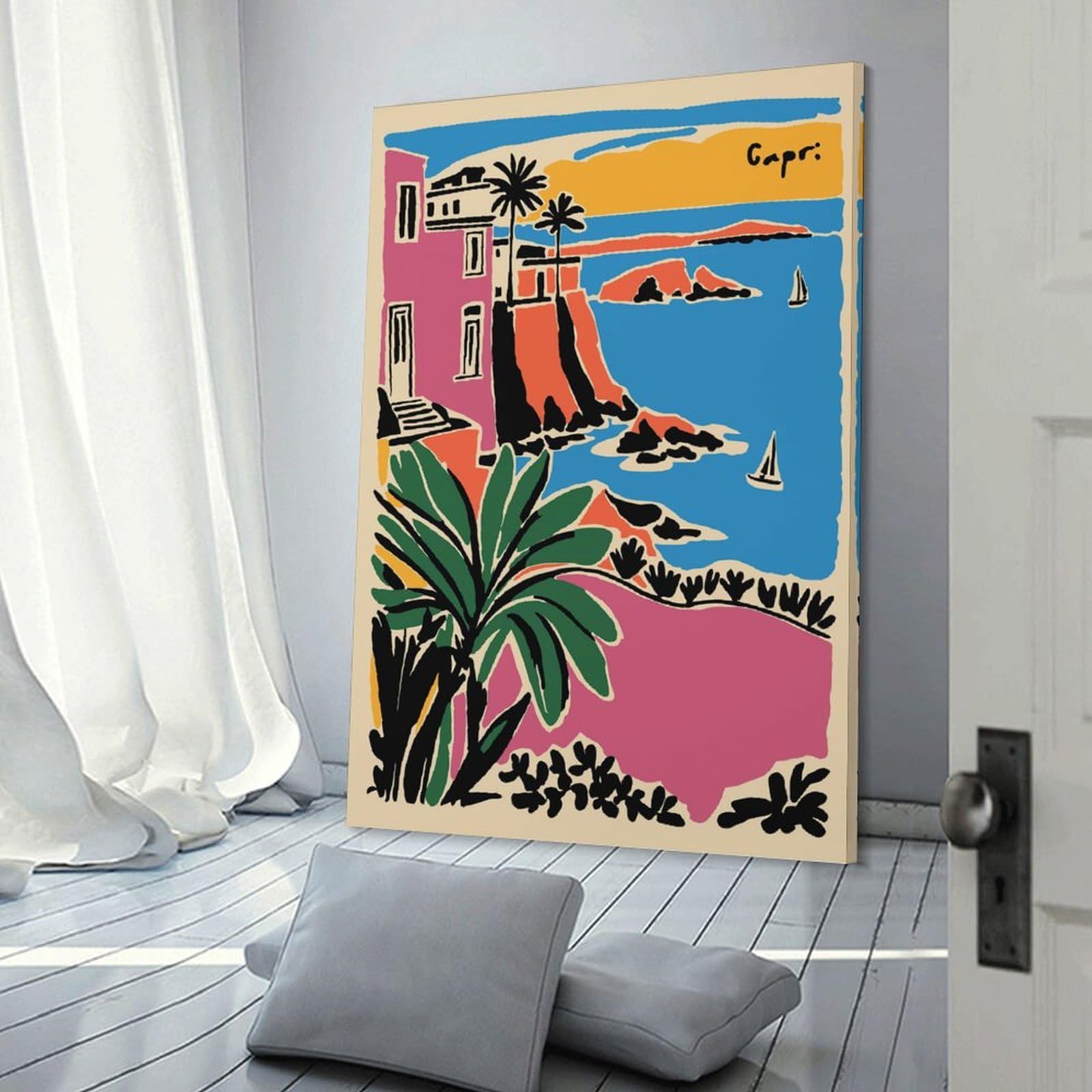 Junmoney Capri Coastline Illustration Decorative Canvas Print, 08x12inch(20x30cm), for Gallery Wall Decor And Room Displays, Wall Decor Suited to Curated Displays
