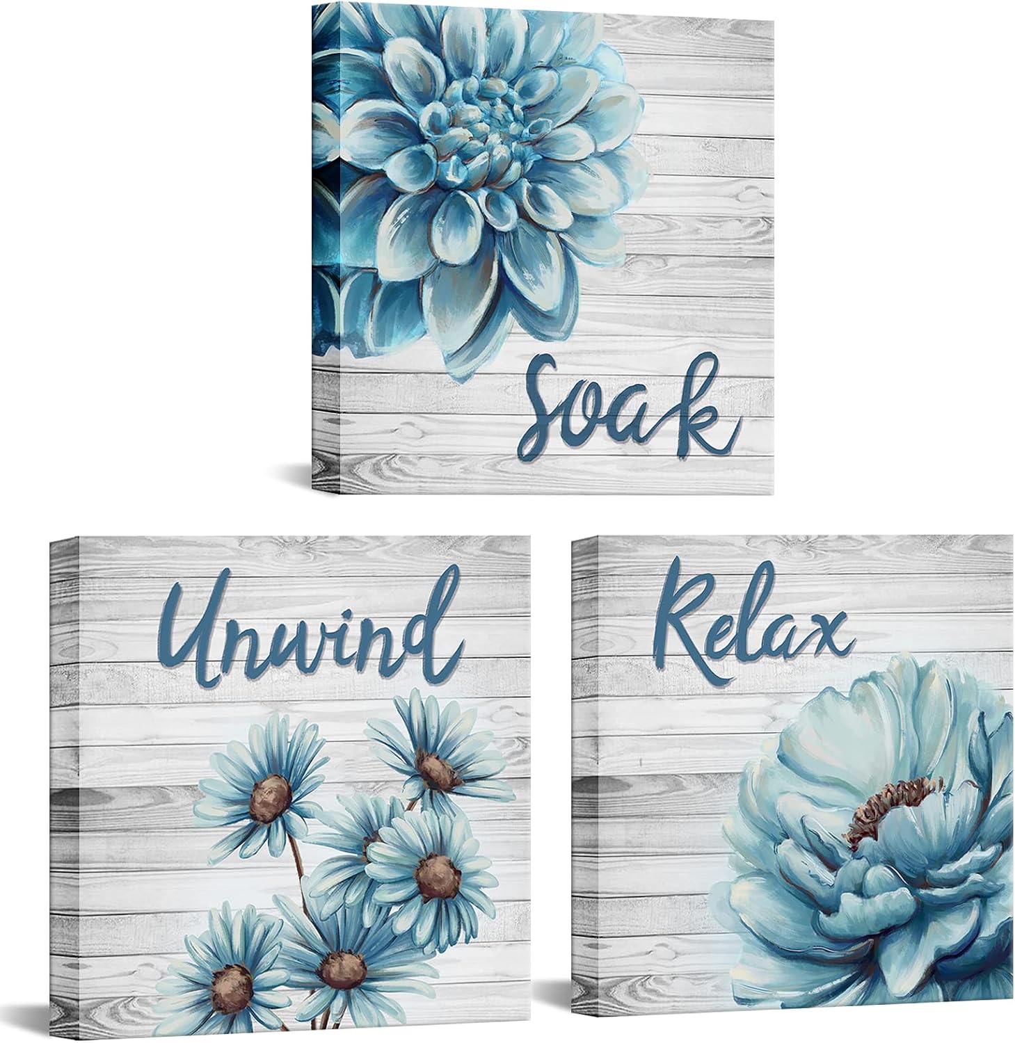 iHAPPYWALL 3 Pieces Blue Bathroom Picture Wall Art Daisy Dahlia Floral Relax Soak Unwind Picture Print for Washroom Home Decor Ready to Hang 12x12inchx3pcs
