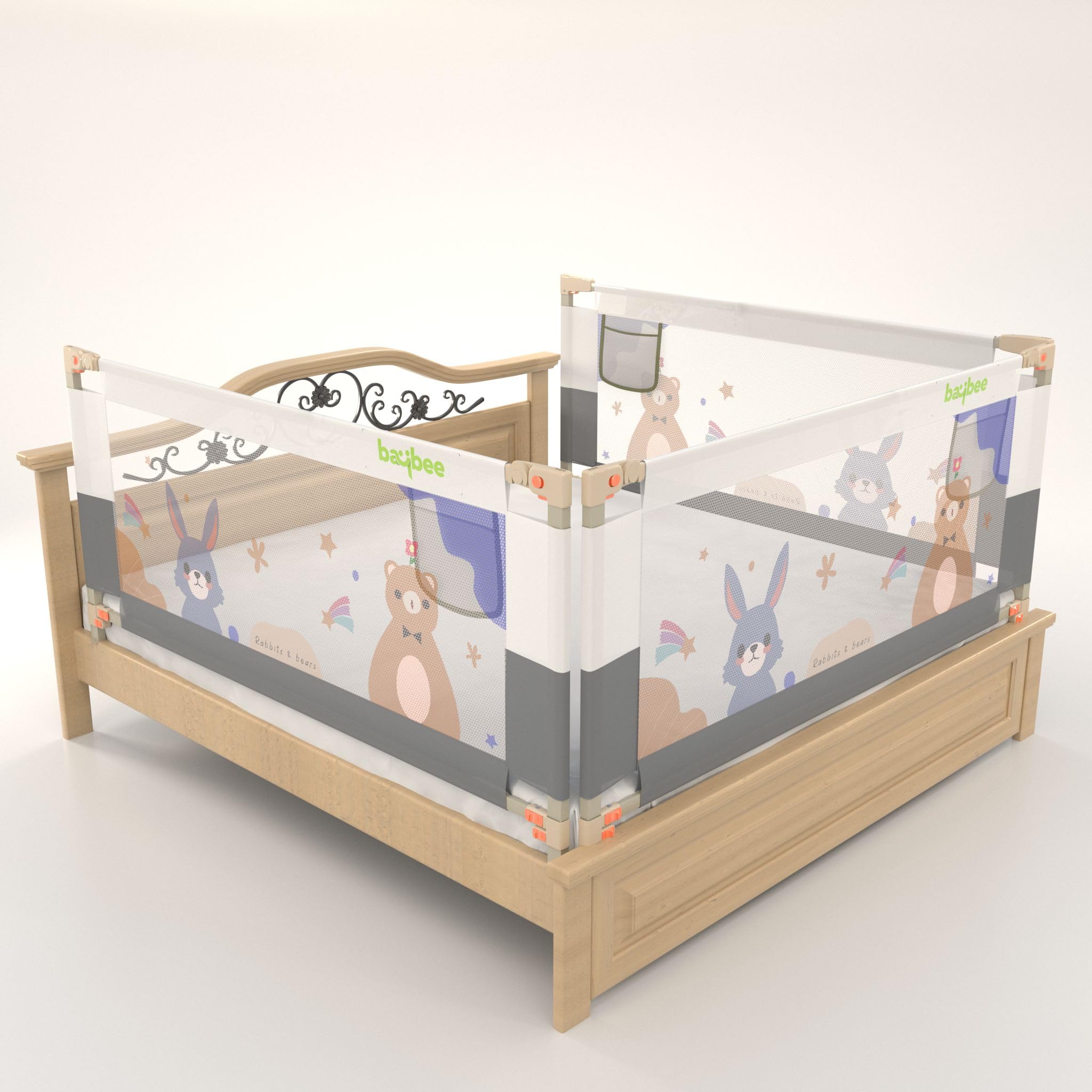 BAYBEE Baby Bed Rail Guard (150x80cm), Bedrail for Baby Safety with 28 Height Adjustable, Portable Bed Side Protector for Babies Falling | Foldable Single Side Bed Railing, 3 Side, (Grey/White)