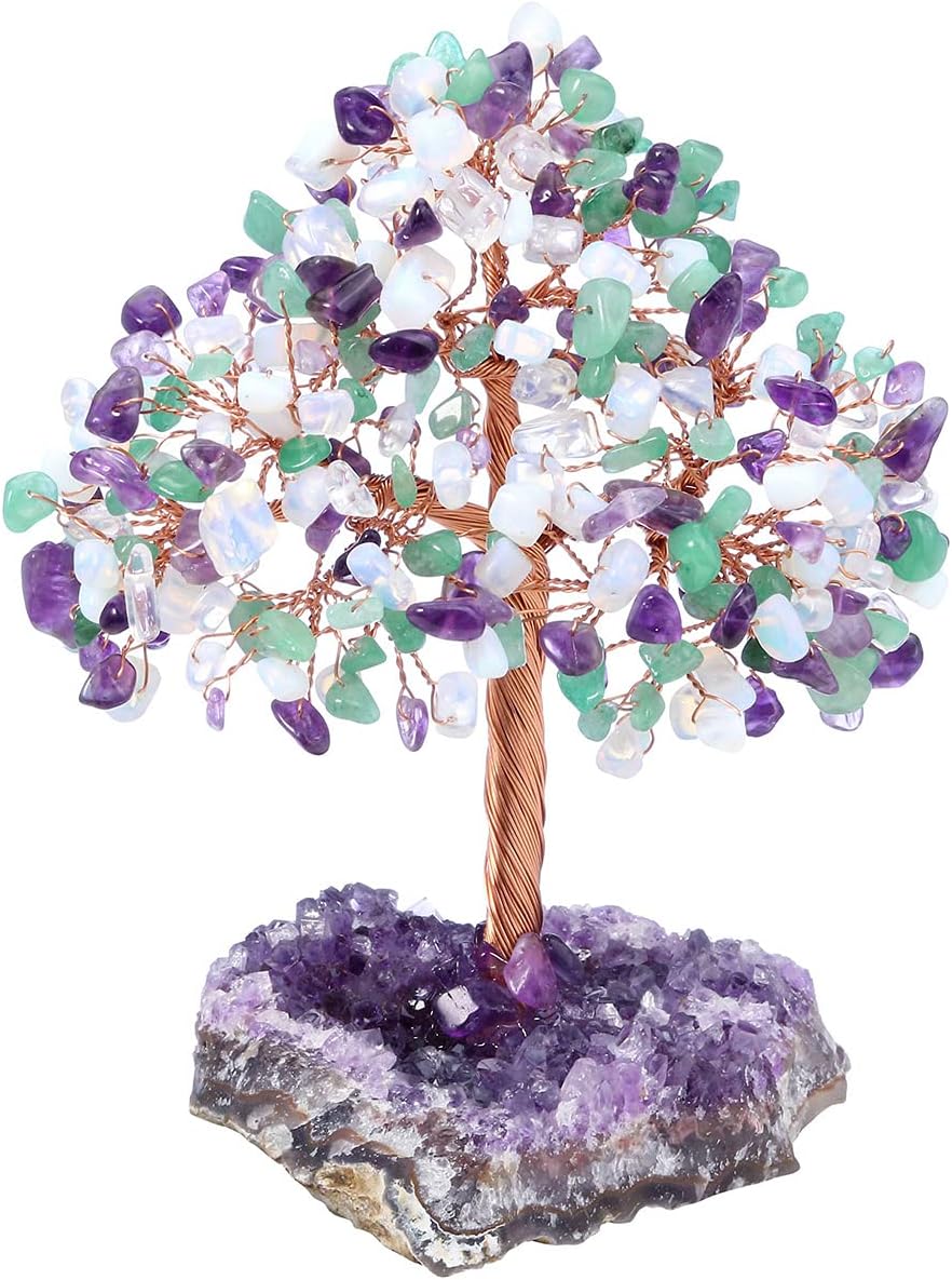 Top Plaza Amethyst Crystals Tree Healing Crystal Stones Wrapped on Natural Raw Amethyst Cluster Base Copper Money Tree Decor Home Desk Decoration Amethyst & Opal & Green Aventurine