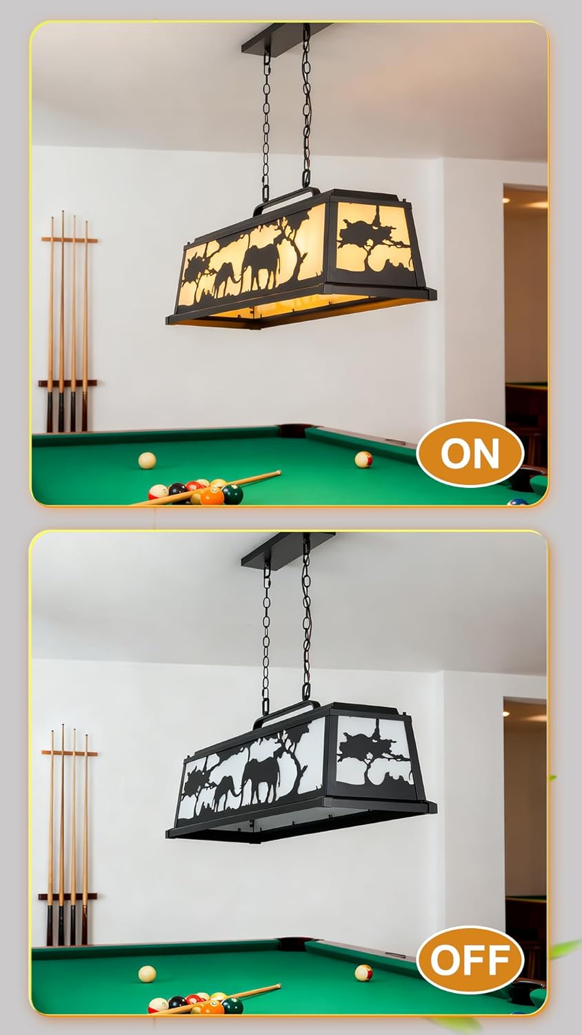 43" Elephant Pool Table Light for Game Room, Black Linear Pendant Lighting with African Wildlife Silhouette, Rustic Metal & Acrylic Island Chandelier for Billiard Table, Bar, Kitchen, E26 Base