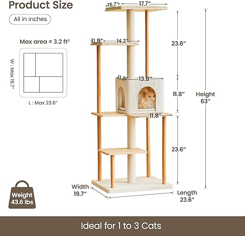 Miniatura 8 de MWPO Árbol moderno para gatos, torre de madera de lujo de 63 pulgadas para gatos de interior, perchas grandes con cojines suaves, condominio para