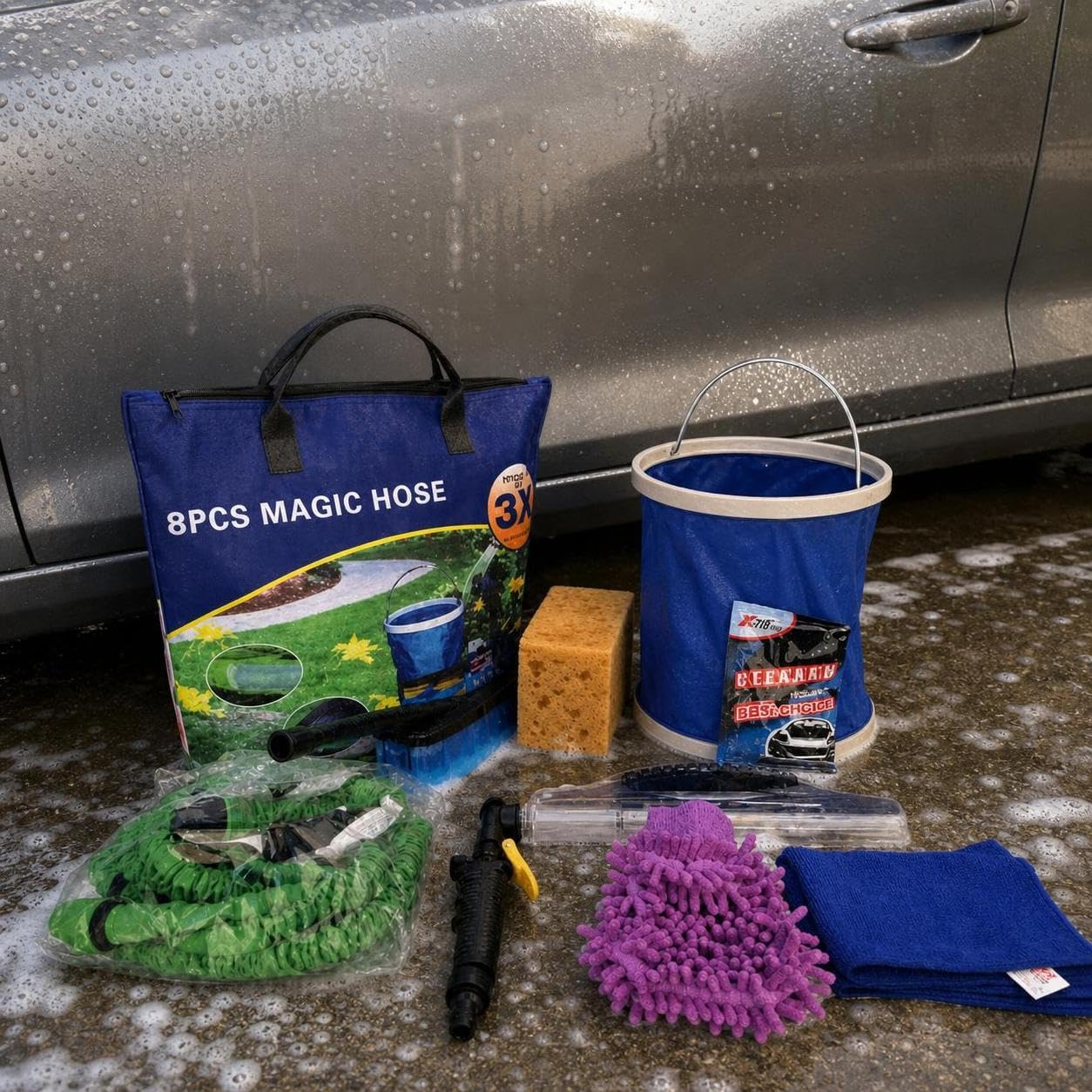 Kit di pulizia veicoli completo 8 pezzi con tubo espandibile e secchio pieghevole per lavaggio auto, per veicoli - per la casa