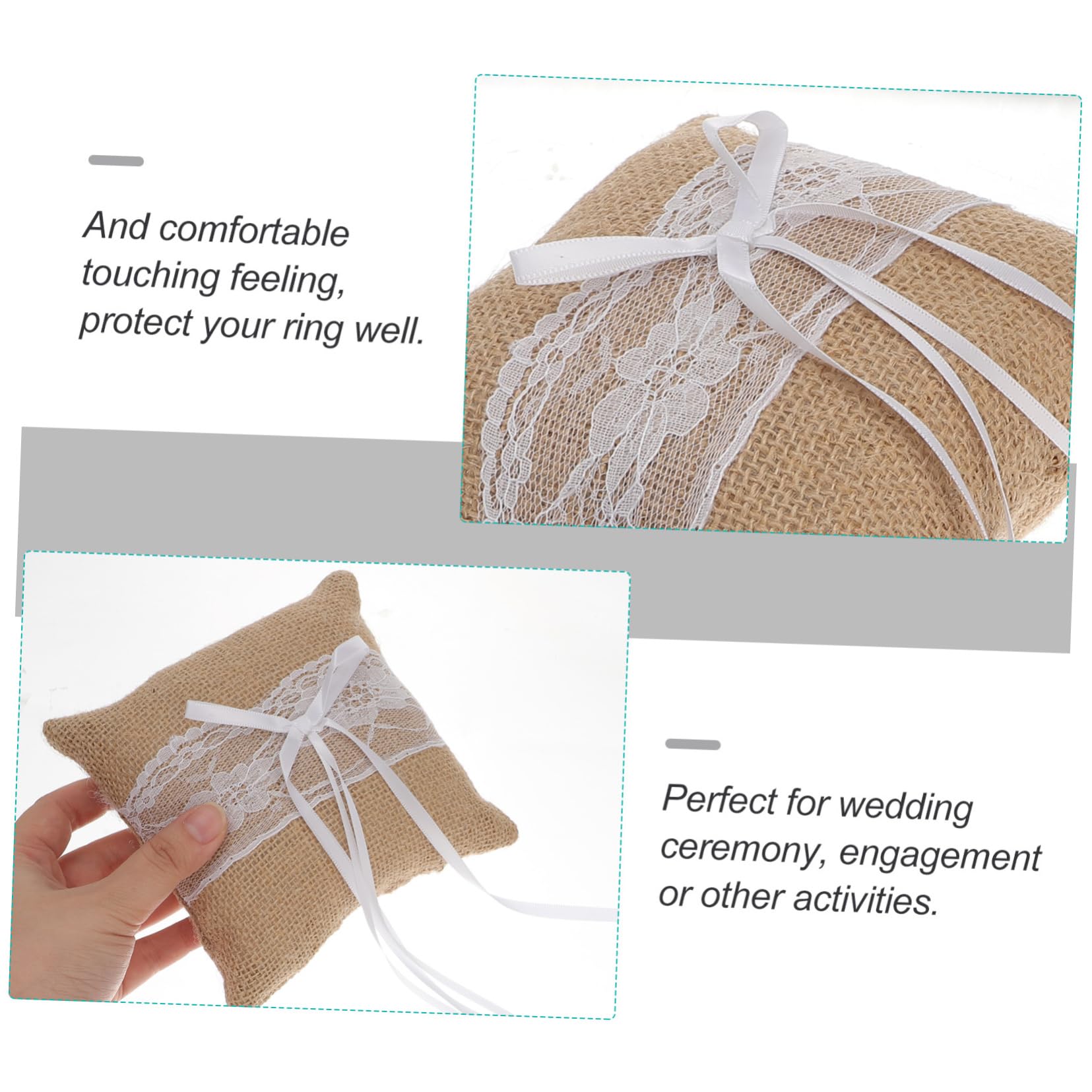 OFFSCH Wedding Ring Pillow Cushion Lace and Burlap 15x15cm Ring Holder for Ceremony Elegant Flower Pearl Decor