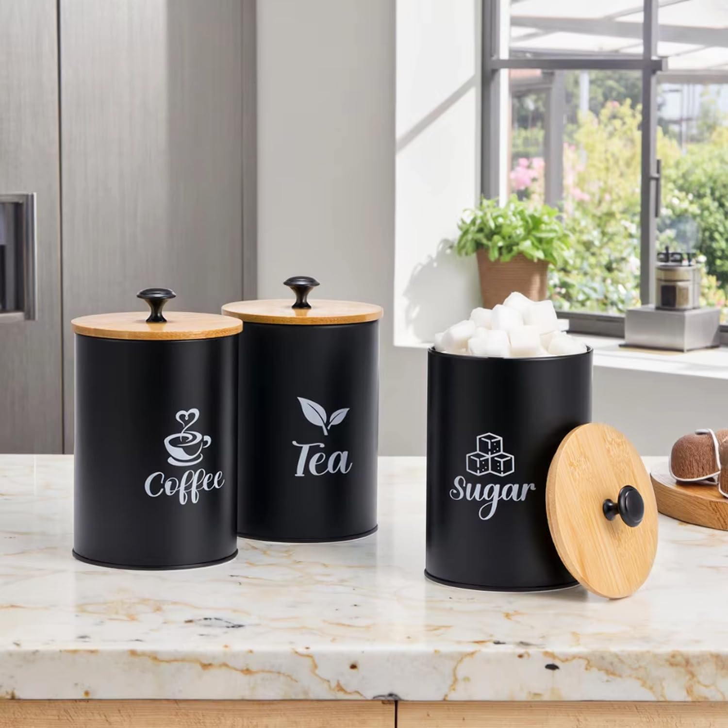 3 Pack Kitchen Canisters with Bamboo Lids, Metal Canister Set for the Kitchen Counter, Airtight Coffee Container Tea Organizer & Sugar Canister, Rustic Kitchen Decor Containers-Black