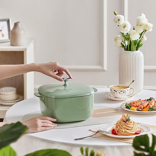 Miniatura 2 de Urooloo Olla de horno holandés de hierro fundido esmaltado con tapa, proporción dorada, perilla de acero inoxidable sólido fundido (verde)