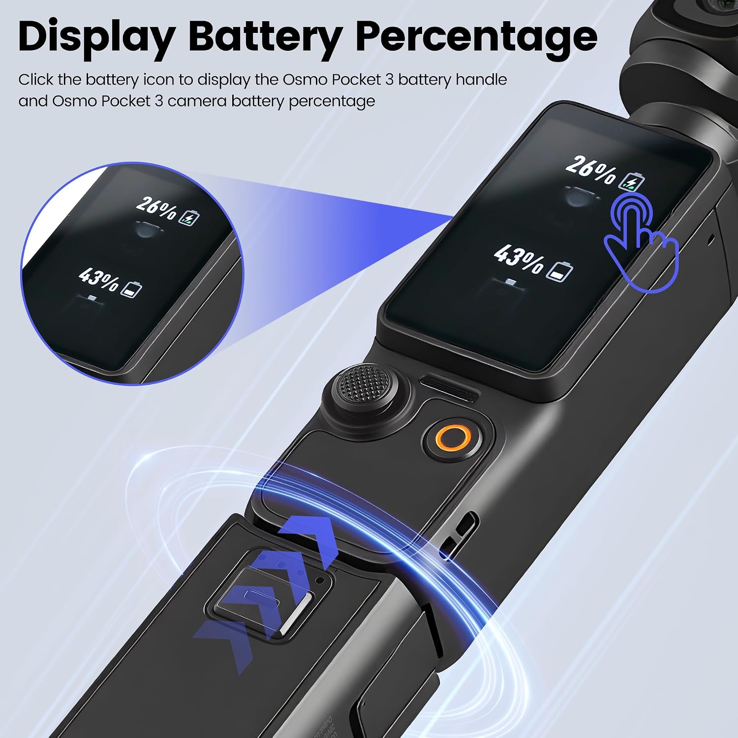 Osmo Pocket 3 Battery Handle 1 Pack 2100mAh Can Fully Charge 1.5 Times for DJI Osmo Pocket 3 Camera,Supports Data Transfer,Display of Battery and Camera Power Percentage,Reserved 1/4”Thread