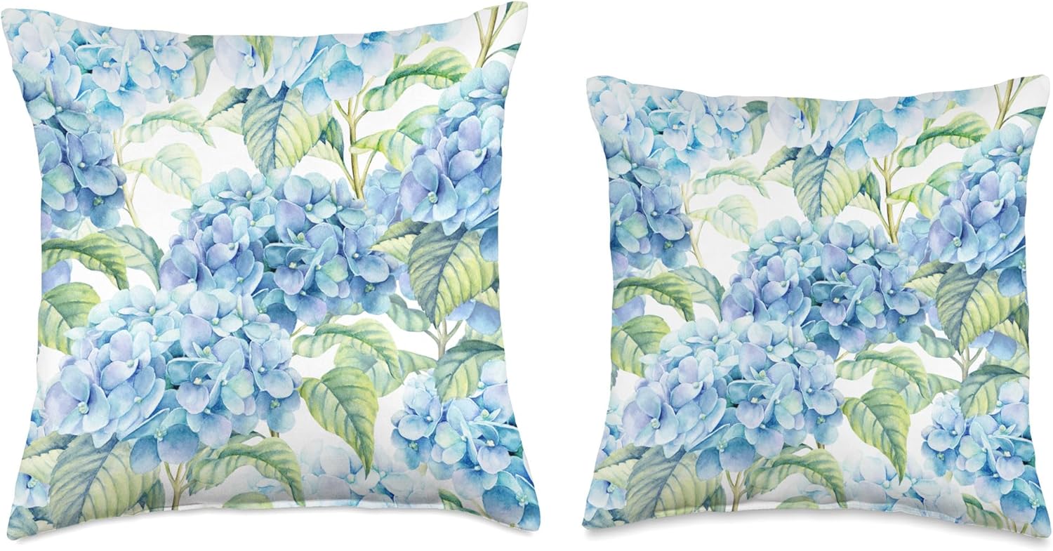 Watercolor Shabby Chic Blue Hydrangeas Flower Throw Pillow