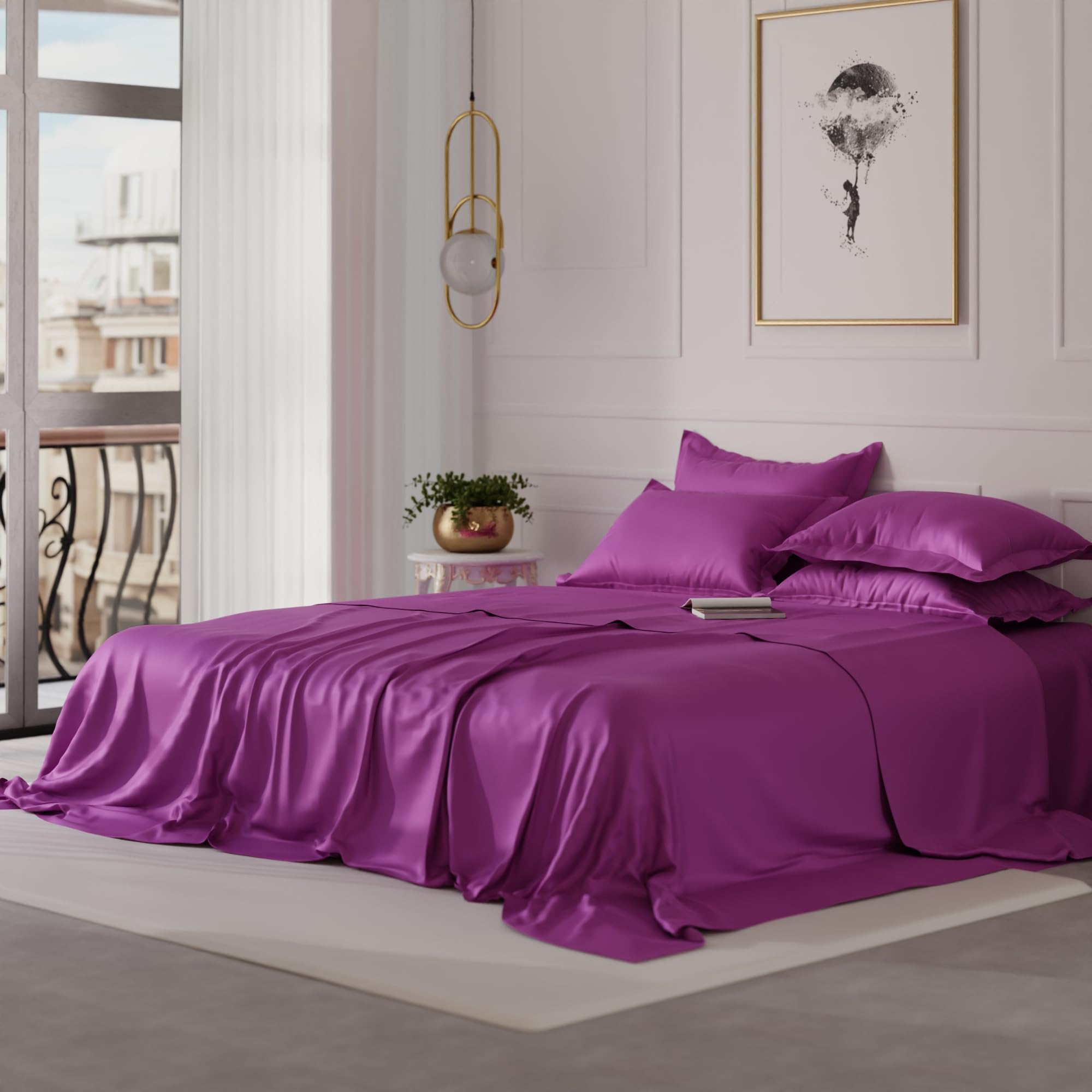 Stoa Paris Satin Bedsheet King Size with 4 Pillow Covers, 300TC Premium Bedsheets King Size, Home Decor, Ultimate Comfort, 274 cm x 228 cm, Date Night -Plum