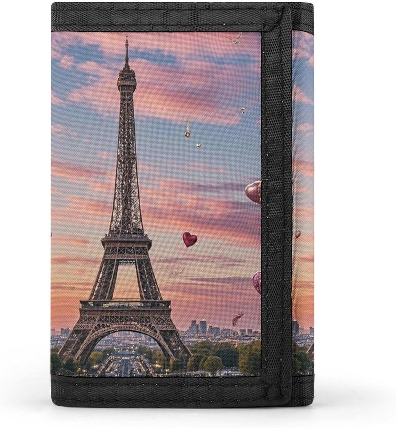Trifold Canvas Wallet with Keychain, Modern Fashion Credit Card Holder Wallet for Men Women, Romantic Paris Eiffel Tower Slim Wallets W/Zipper Coin Pocket, Novelty Birthday Gift