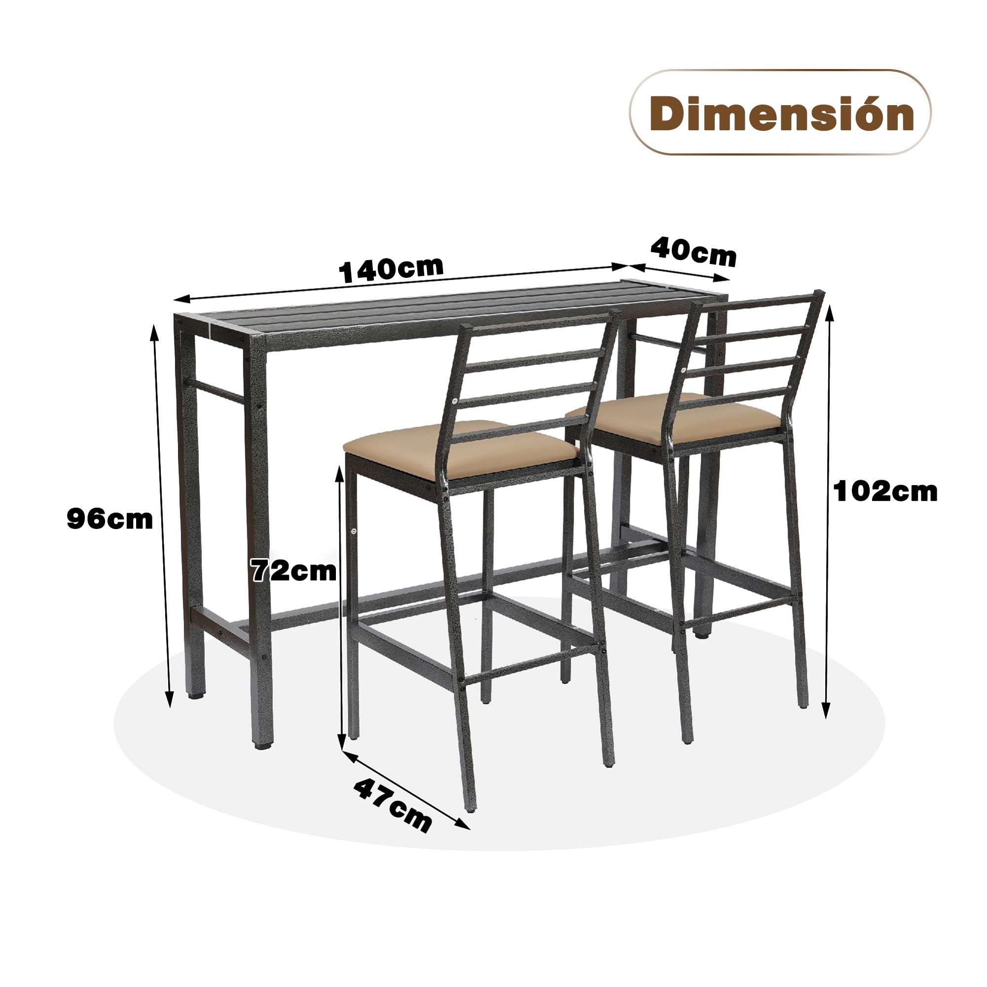 Juego de Comedor y Bar para Patio de 3 Piezas, Mesa Rectangular Resistente de 140 cm de Altura con 2 taburetes Acolchados, Mesa y sillas de Metal para Patio, Porche, bistró o balcón.
