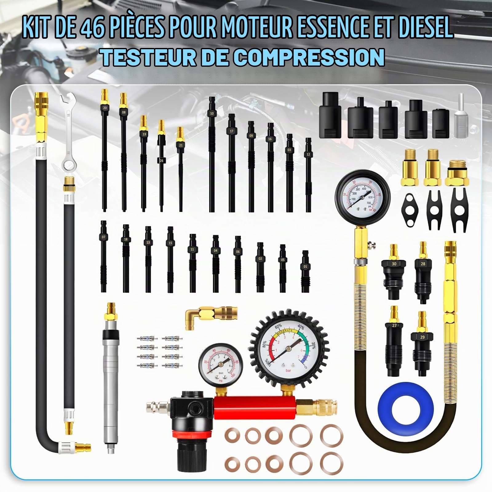 D-Lumina Testeur de Compression Professionnel 46 Pièces, Testeur de Fuite de Pression de Moteur Diesel et Essence avec Adaptateur pour la Plupart des Moteurs de Voiture, Camion, Agricoles et Marins.