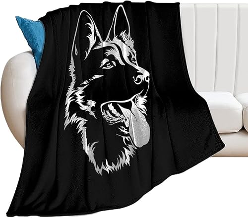 Manta de franela de pastor alemán negro suave y cálida para sala de estar, sofá cama