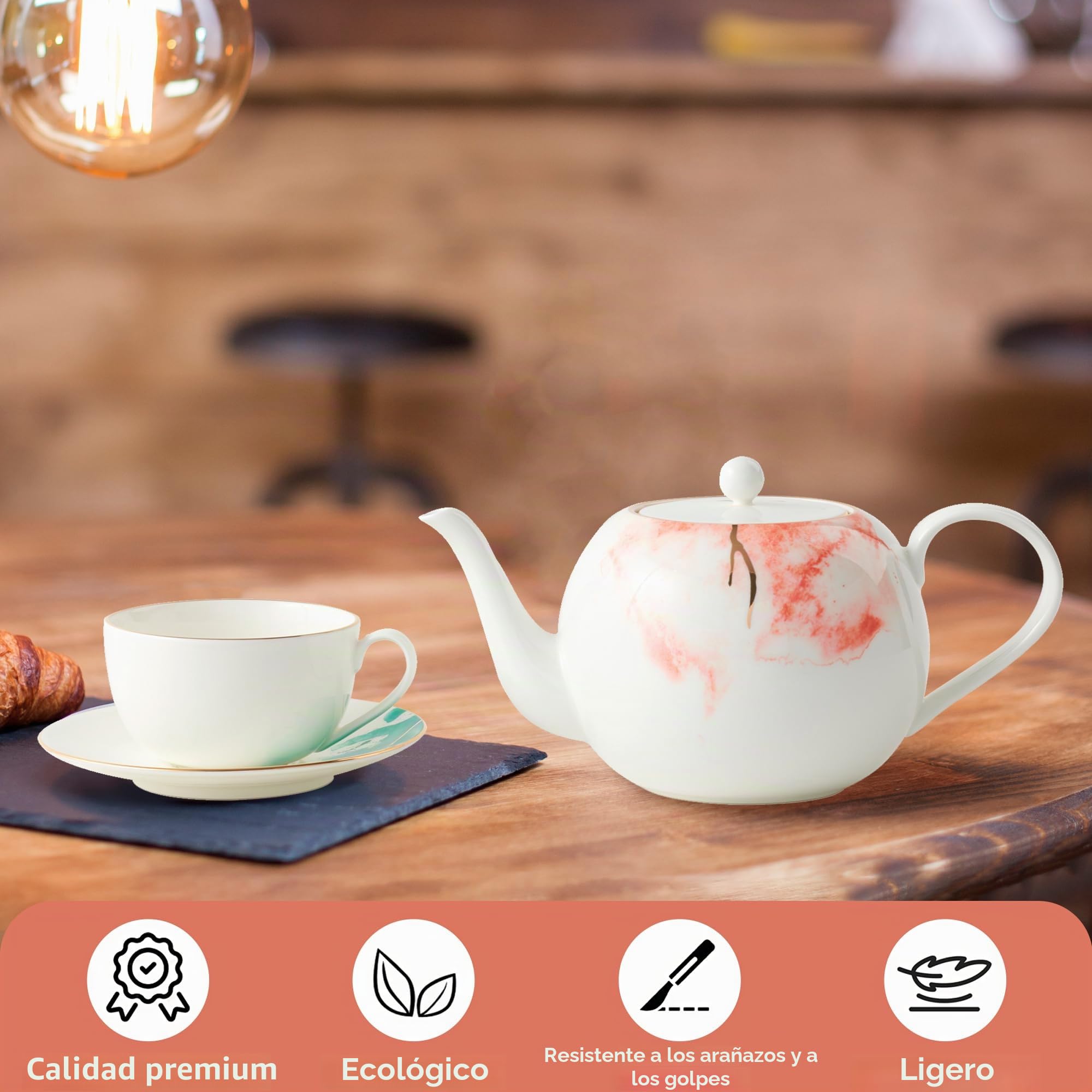London Boutique Juego de tetera de porcelana fina (1,2 L, con borde dorado, filtro integrado)