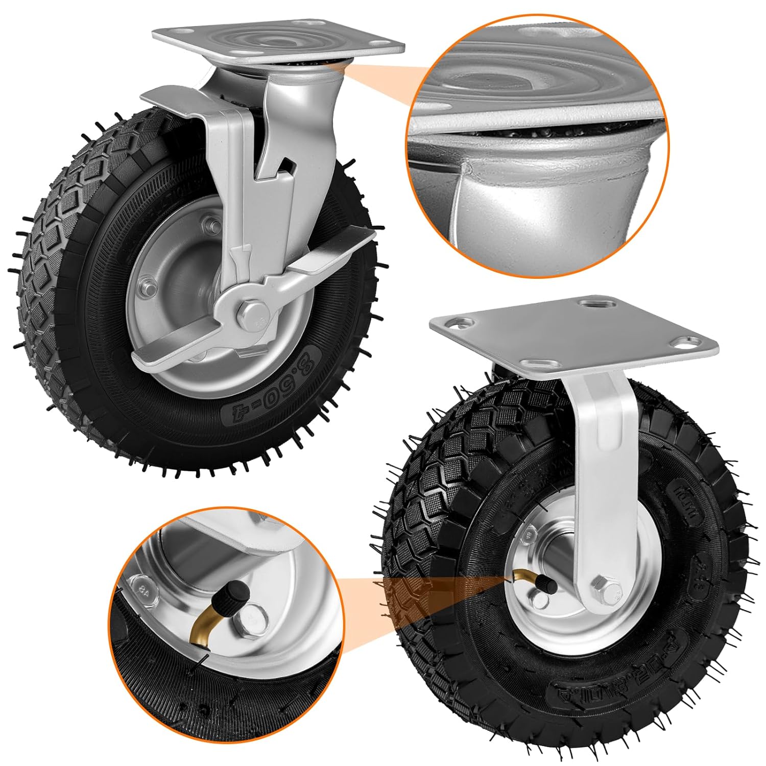 Pneumatic Casters 8 Inch 4-Pack, 2 Swivel (2 Brake) & 2 Rigid, Heavy Duty Casters 1200 LBS Capacity, Rubber Wheel for Workbench, Cart, Trolley,Wagon and Shelves