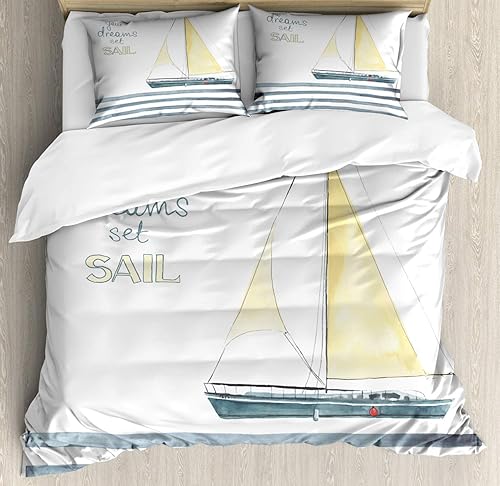 Ambesonne Juego de funda de edredón náutica, Let Your Dreams Set Sail Words Stripes Yacht Interior Navigation Theme, juego de ropa de cama
