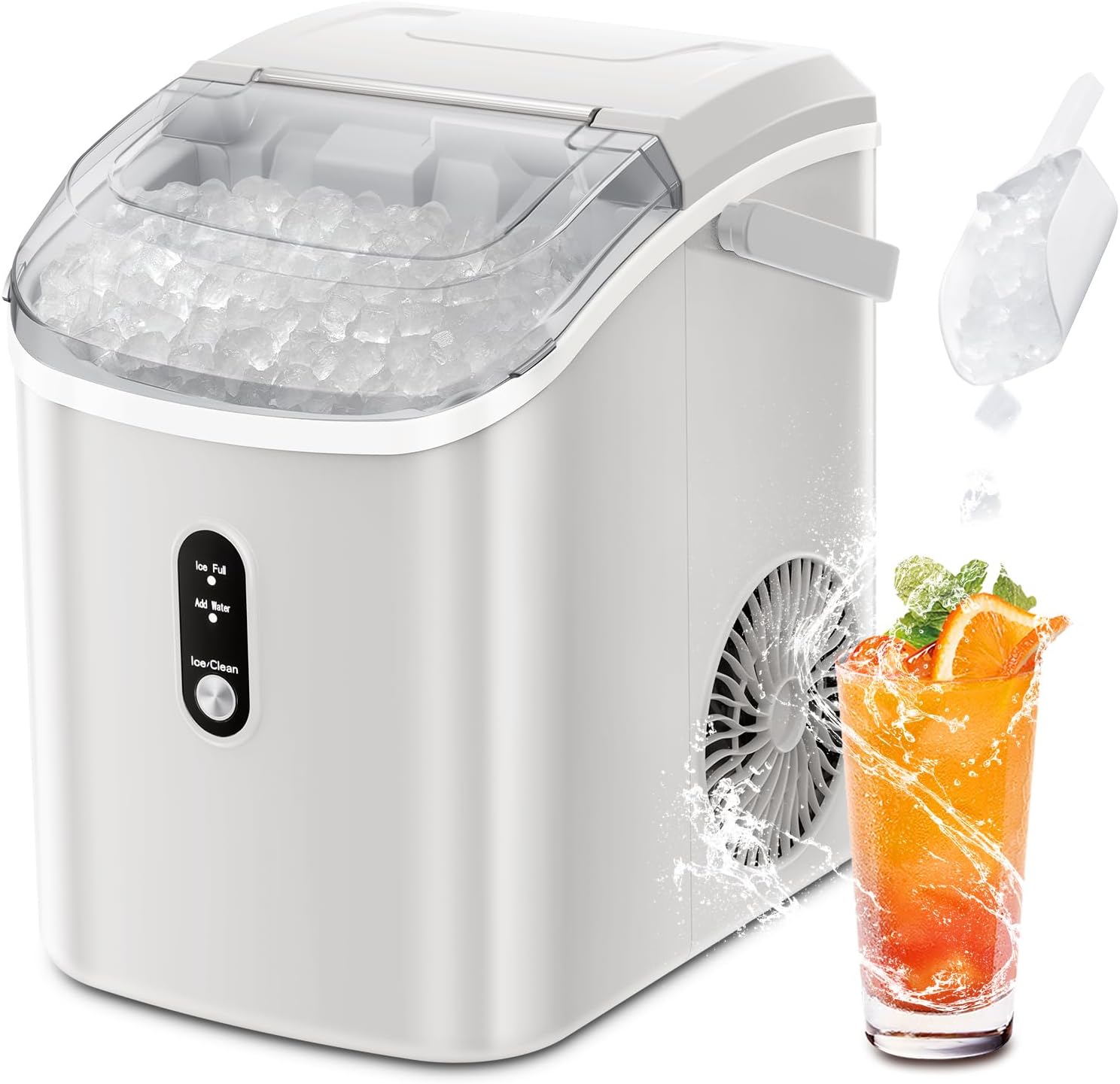 ZAFRO Portable Ice Maker Countertop with Handle, Nugget Ice Machine with Self-Cleaning, 7Mins Fast Ice Making, 35.5Lbs/24H,Ice Maker Machine with Ice Basket/Ice Scoop, WHITE
