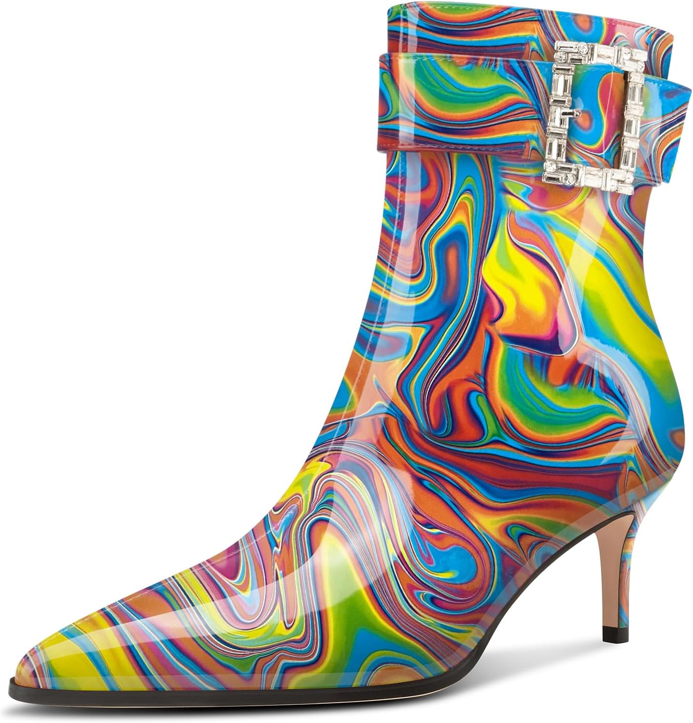 Aachcol Womens Kitten Heel Ankle Boots Pointed Toe Buckle Rhinestone Crystal Mid Calf Zipper 2.6 Inches Heels Patent Leather Dress Short Booties