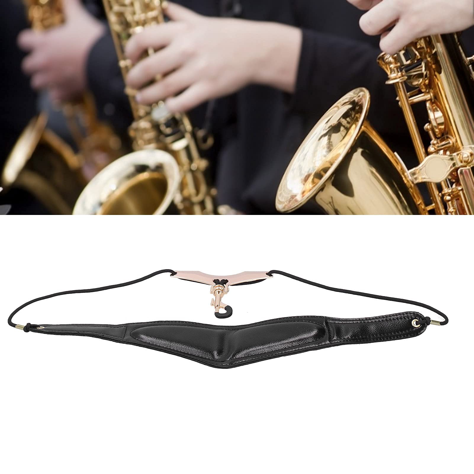 Saksofonowy Pasek na Szyję Regulowany Sax PU Skórzany Pasek na Ramię z Ochronnym Metalowym Przyciskiem Obrotowym do Saksofonu Tenorowego Sopranowego
