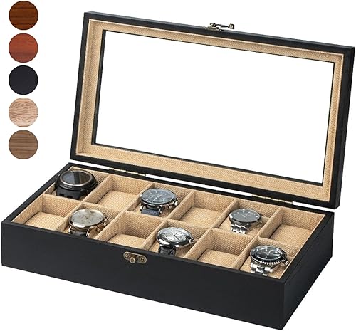 Exper City Caja de reloj, caja de reloj para hombres y mujeres con tapa de vidrio grande, caja de almacenamiento de madera con 12 ranuras,