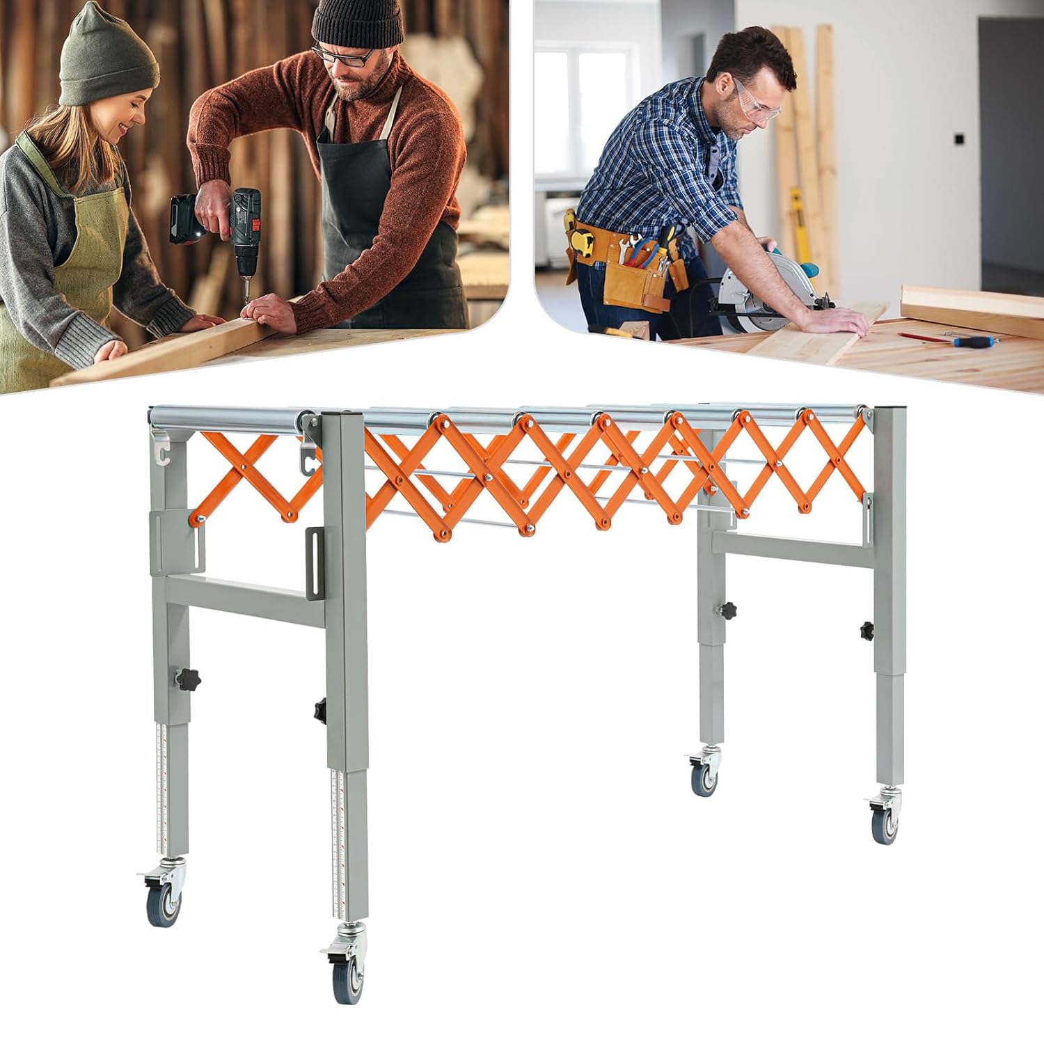 Roller Conveyor Flexible Table Saw Extension Outfeed Table, Folding Turning and Extendable Rotating Conveyor Belt Adjustable Outfeed Rroller with Wheels