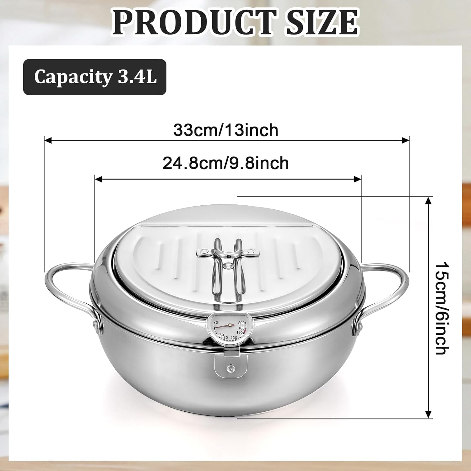Deep Fryer Pot 304 Stainless Steel Japanese Frying Pot 3.4L/9.4 Inch Tempura Frying Pot with Lid, with Temperature Control Oil Drip Drainer Rack for Fried Chicken, Shrimp, French Chips dip
