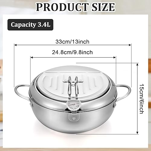 Miniatura 2 de Olla para freidoras de acero inoxidable 304, olla japonesa de tempura de 3.4 L9.4 pulgadas con tapa, con control de temperatura, escurridor de