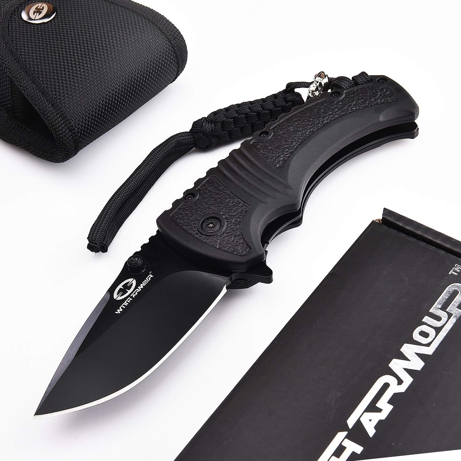 WITHARMOUR Pocket Knife Folding Knife EDC Knife Camping Hiking Fishing Knife Black B 4.75" Closed with 440C High Carbon Steel Blade PP TPR Handle Liner Lock Tail Rope for Men Outdoors