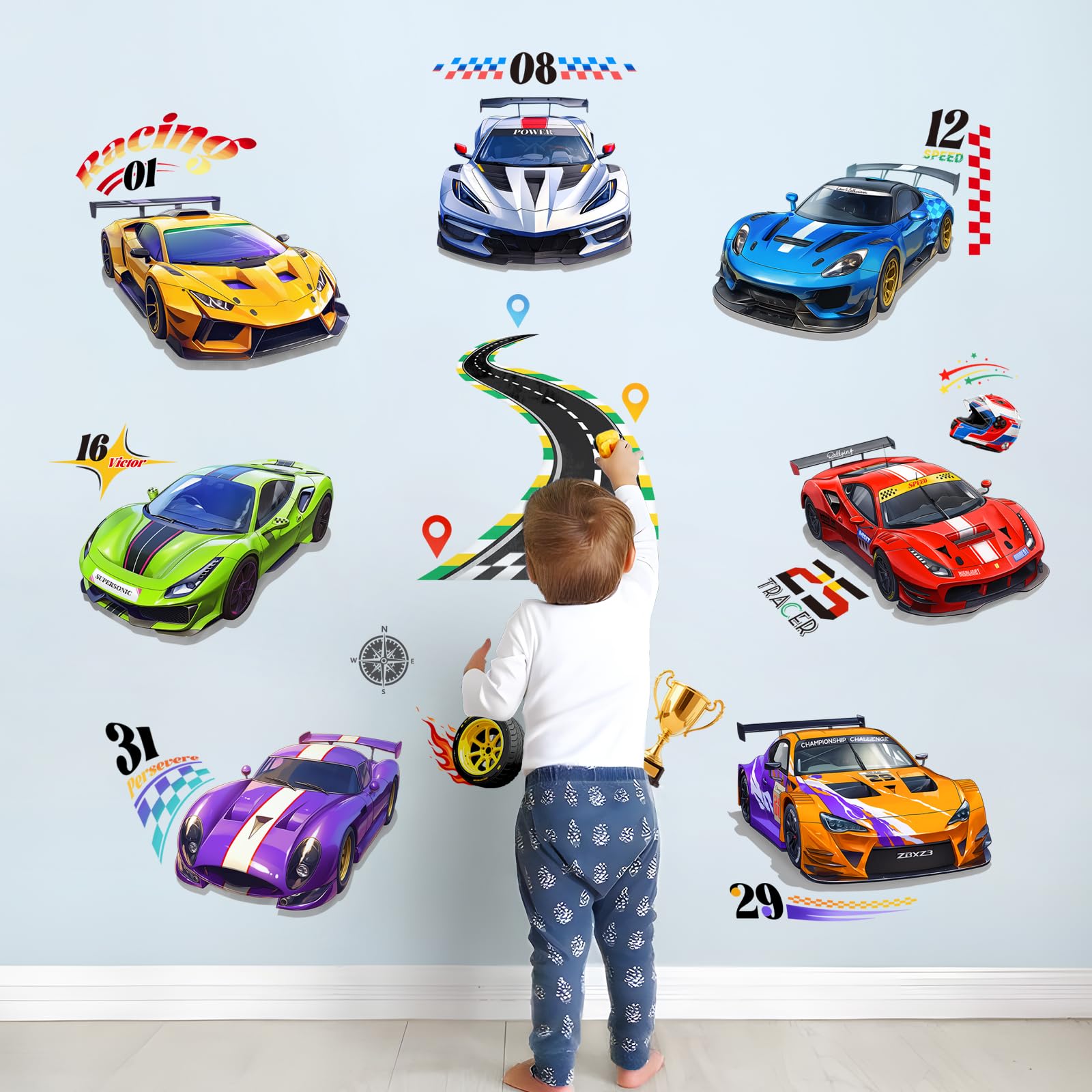 Tanlaby Rennwagen Wandtattoo Auto Wandsticker Rennauto Wandaufkleber für Kinderzimmer Jungen Jugendzimmer Wohnzimmer Schlafzimmer Wanddekoration