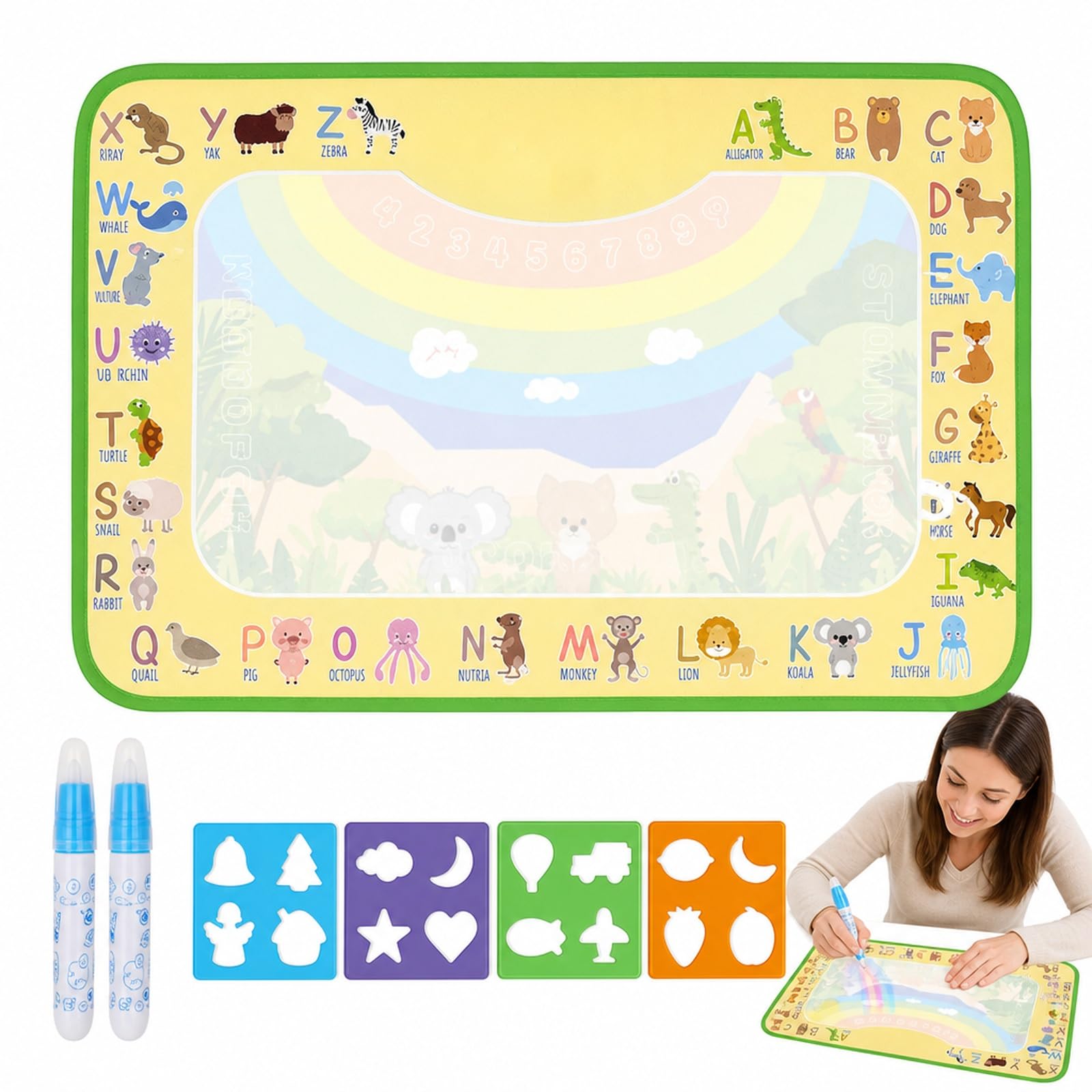 Water Doodle Mat Set, 44 x 30 cm Mat with 2 Pens and 4 Stencils
