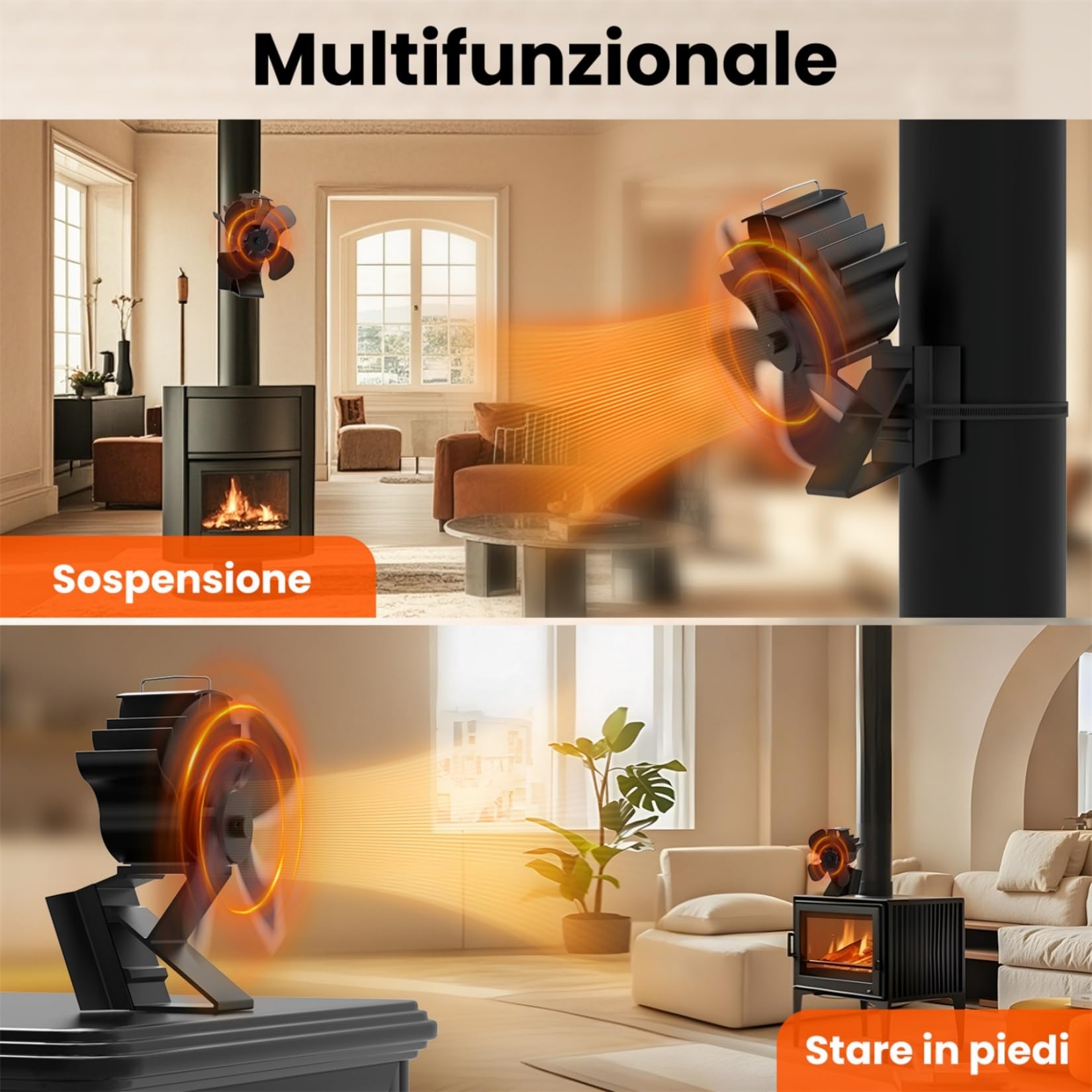ICARE ventola per stufa a legna, ventilatore per stufa a legna, 2 in 1 silenzioso ventola per camino senza elettricità, pezzo di ricambio