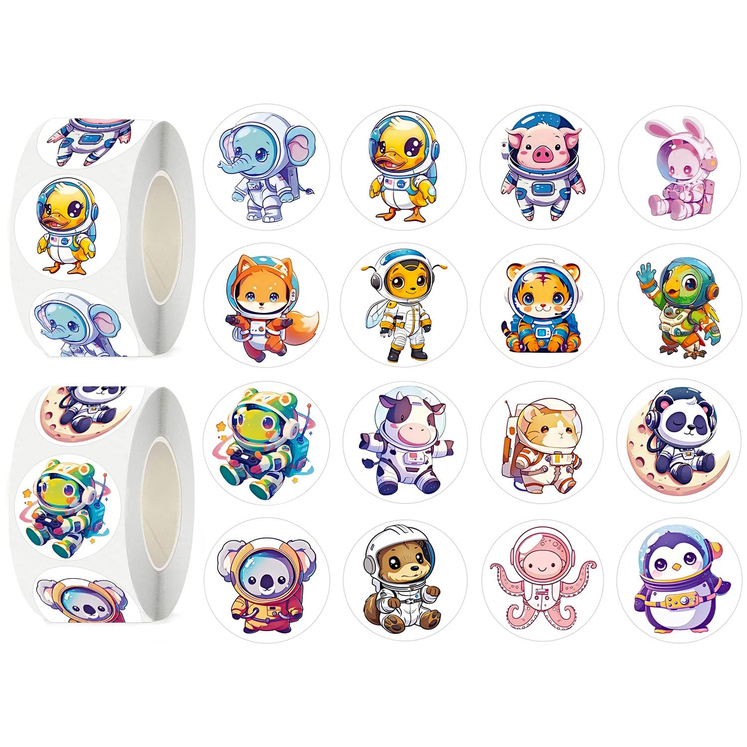 UVUXO 600 Pcs Animals Astronauts Stickers for Kids- 1.5 Inch Round Sticker Roll 16 Tyles Space Astronaut Kindergarten Sticker Teacher Stickers for